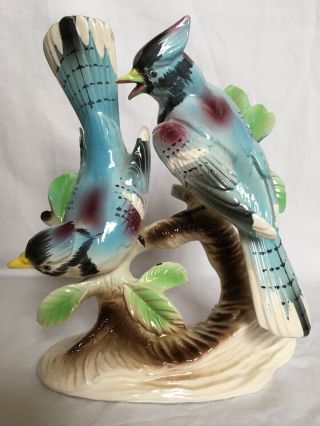 Vintage 2 Blue Jays Birds Figurine 7 1/2 " Branch Leaves Norcrest? Lefton? Japan?