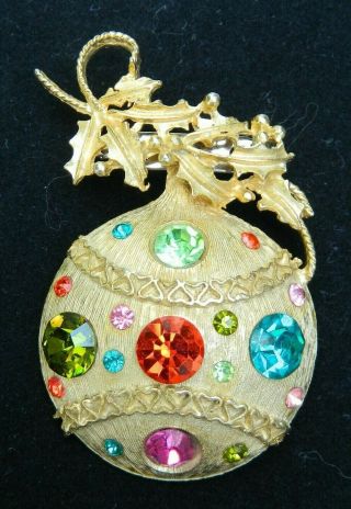 Vintage Brooch Pin Christmas Ornament Goldtone Multi Color Rhinestones