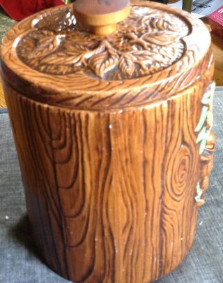 Vintage Treasure Craft Woodsy Owls faux Wood Ceramic Cookie Jar Canister 3