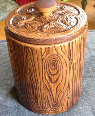 Vintage Treasure Craft Woodsy Owls faux Wood Ceramic Cookie Jar Canister 4