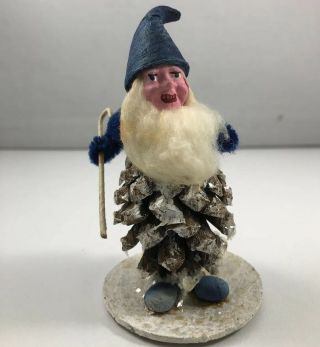 Vintage German Pinecone Christmas Elf Gnome Ornament Cotton Beard Staff Mica