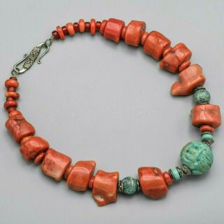 Vintage Sterling Silver Red Coral & Turquoise Beaded Strand Necklace 145.  7 Grams