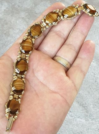 Vintage Jewellery Scottish / Celtic Brown Banded Agate Gold Panel Bracelet