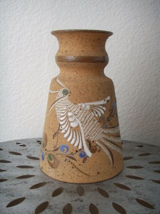 Vintage Tonala Mexican Pottery Vase White Peacock Bird Floral Folk Art Planter