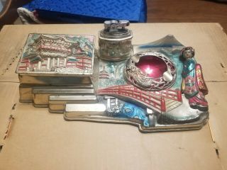 Rare Vintage Japanese Cigarette Tray With Lighter,  Ash Tray And Holder