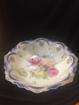 Vintage Bavaria Germany Hand Painted Porcelain Floral Design Bowl - 10”