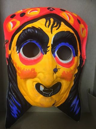 Vtg Witch Gypsy Prize Halloween Mask Plastic Costume 60s Neon Rare Classic Box