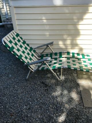 Vintage Aluminum Webbed Chaise Lounge Folding Lawn Chair Patio Green & White