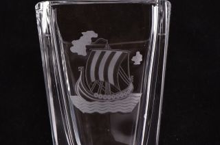 Very Cute Vintage Small Vase By Orrefors With Etched Viking Ship Signed