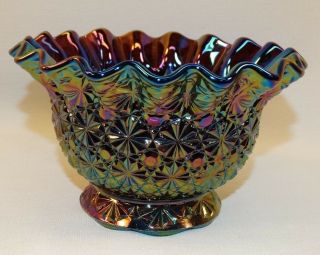 Vintage L.  E.  Smith Amethyst Carnival Glass Bowl Daisy & Button Crimped Rim Vase