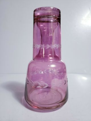 Vintage Cranberry Glass Tumble - Up Bedside Carafe & Tumbler Etched/cut Laurel