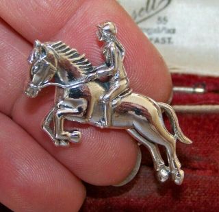 Vintage 925 Sterling Silver Horse & Rider Show Jumping Brooch Equine Stock Pin