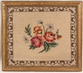 Vintage Rose Tapestry Needlepoint Picture In Gold Gilt Frame Flowers