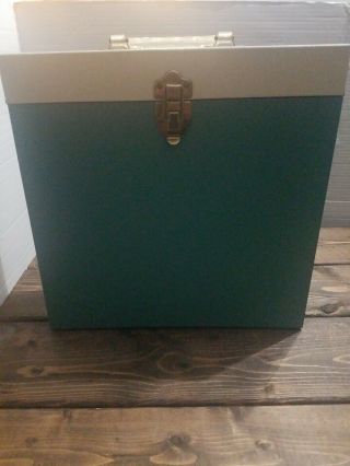 Vintage Metal Lp Record Album Carry Case Storage Box Mcm Retro Aqua & White Euc