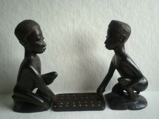 Vintage African Ebony Wood Hand Carved Statue Chisolo Players