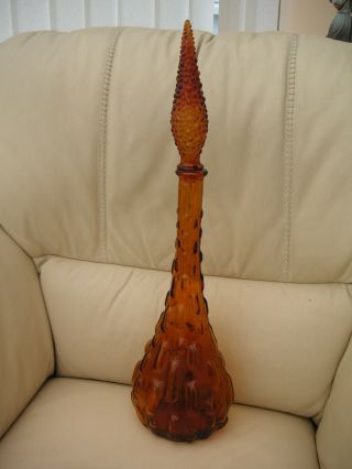 Vintage Tall Amber Glass Textured Italian Genie Bottle – Retro – With Lid