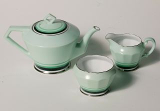 Vintage Art Deco Noritake Tea Pot Cream & Sugar Set - Green W/ Platinum Accents