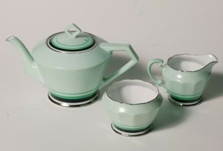 Vintage Art Deco NORITAKE TEA POT CREAM & SUGAR SET - Green w/ Platinum Accents 2