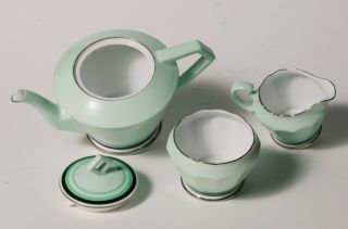 Vintage Art Deco NORITAKE TEA POT CREAM & SUGAR SET - Green w/ Platinum Accents 3