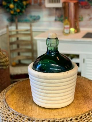 Vintage Miniature Dollhouse Artisan Green Glass Wine Demijohn Wood Carved Base