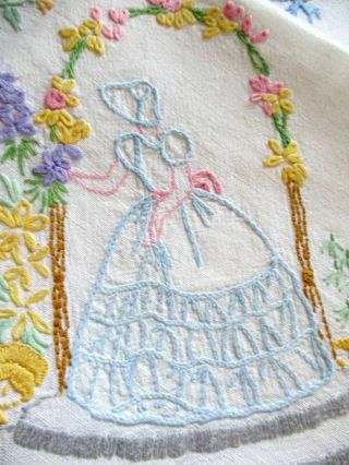 Vintage Tablecloth Hand Embroidered Crinoline Ladies,  Crochet Trim
