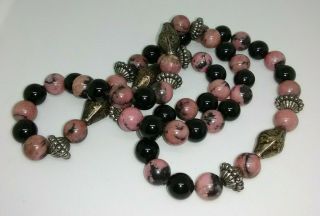 Vintage Pink Rhodonite Onyx Sterling Filigree Necklace 26 " L 90 Grams