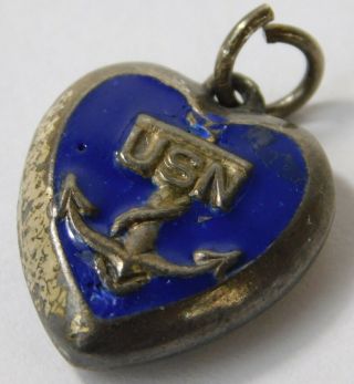 Vtg Wwii Us Navy Anchor Blue Enamel Puffy Heart Sterling Silver Hallmark Charm