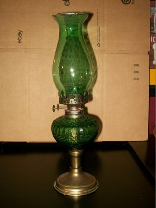 Vintage Green Glass Oil Lamp With Brass Pedestal Base