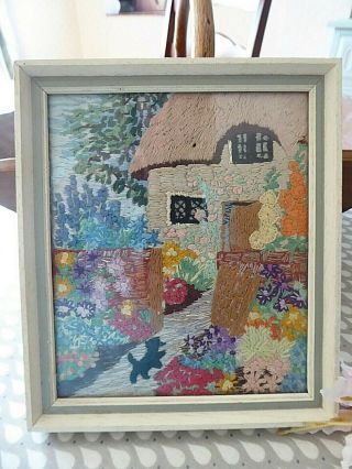 Vintage Hand Embroidered Picture - Charming Little Cottage & Flower Garden