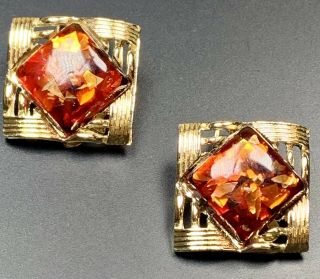 Signed Coro Vintage Clip On Earrings Confetti Red Amber Lucite Gold Tone