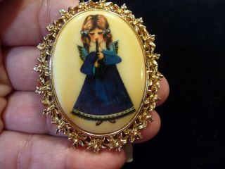 Tanger II Signed Brooch Vintage Estate Angel Playing The Flute Gold Tone 2