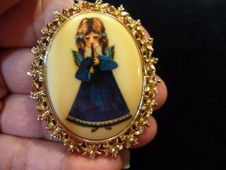 Tanger II Signed Brooch Vintage Estate Angel Playing The Flute Gold Tone 4