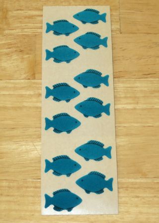 Rare Vintage Sandylion Brown Backing Fuzzy Blue Fish Stickers Full Strip Htf