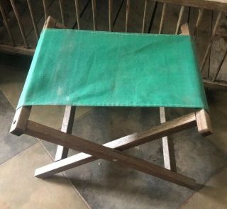 Vintage Folding Stool Fishing Camp Chair Green Canvas Wood Hunting Camping