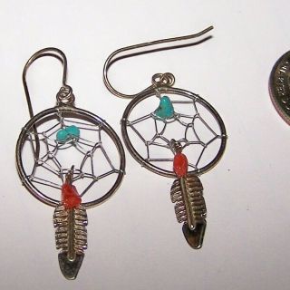South Western Sterling Silver Turquoise Coral Vintage Dreamcatcher Hook Earrings