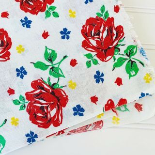 Vintage Feedsack Fabric Big Red Roses On White 1940 