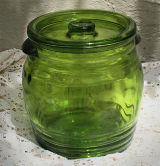 Vintage Depression Green Glass Cookie Jar Biscuit Jar Crock Very Heavy