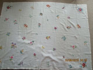Stunning Vintage Hand Embroidered Tablecloth,  Assorted Flowers.