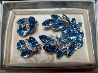Vintage Signed Eisenberg Ice Blue Rhinestone Earrings & Brooch