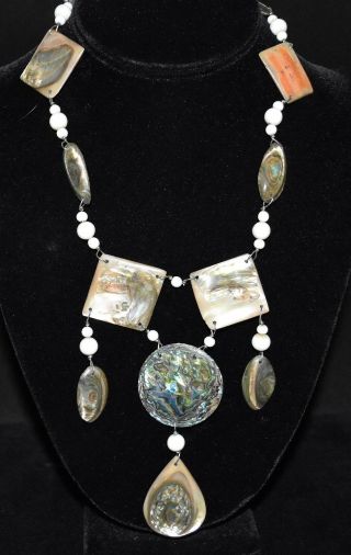 Vintage Abalone Shell & White Glass Bead 18 " Necklace With 4 " Abalone Pendant