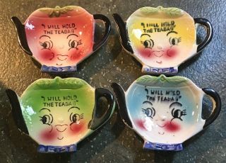 Vtg 50’s (4) Teabag Holders Teapots With Face I Will Hold The Tea Bag Japan