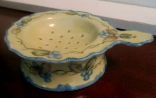 Vintage Tea Strainer Porcelain Fine China Painted Berries Yellow & Blue