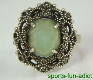 ​vintage Hallmarked Jade & Marcasite 925 Sterling Silver Filigree Floral Ring