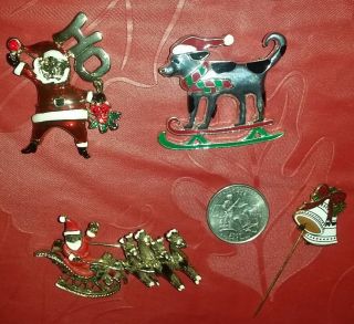 Vintage 4 Christmas Brooch Pins Santa Sleigh Dog On Skis Bells Gold Silver Tone