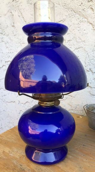 Vintage Cobalt Blue Milk Glass Hurricane Oil Lamp With Chimney & Shade