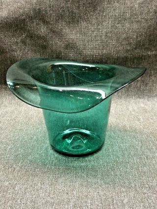 Vintage Blenko Hand Blown Glass Hat Vase Emerald Green 4