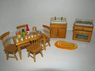 Vintage Dollhouse Farmhouse Kitchen Stove,  Sink Table Chairs Food Wood Furniture