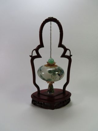Vtg Chinese Hand Blown Reverse Painted Hanging Glass With Stand