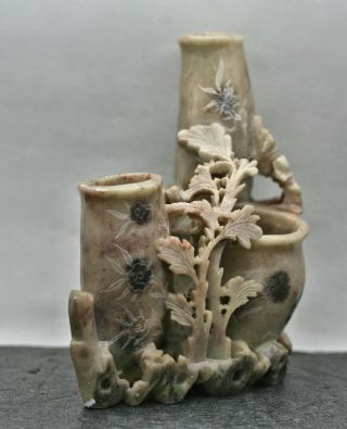 Fantastic Vintage Chinese Hand Carved Soapstone Sculpture Of Vases 2