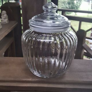 Vintage Clear Ribbed Glass Canister With Lid Jar Apothecary Cookie 7 " Tall
